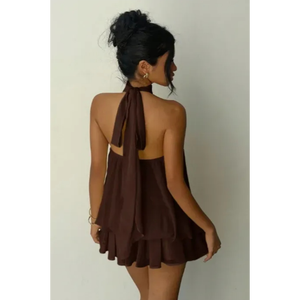 Mini-robe marron à col licou et à volants, style babydoll, marron chocolat foncé, café - Product Image 2