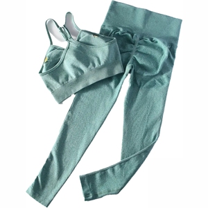 Women's Yoga Set 2 Piece High Waist <b>Leggings</b> <b>With</b> <b>Pockets</b> Racerback Sports Bra Seamless Full Length Solid Gray Workout Wear - Product Image 5