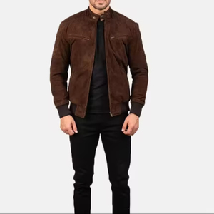 <b>Men's</b> Brown <b>Suede</b> Motorcycle <b>Jacket</b> Stand Collar Zipper Closure Regular Sleeve Solid Color Autumn Wear - Product Image 5