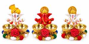 รูปปั้นพระพิฆเนศ รูปปั้นเทพเจ้า สีขาวส้ม ทำจากเรซิ่น พร้อมชาม ของตกแต่งโต๊ะพุจ - Product Image 6