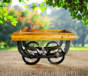 Rustic Wooden <b>Serving</b> Tray with Wheels Handcrafted Rectangle <b>Trolley</b> Platter Polished for Party Dining Table - Product Image 1