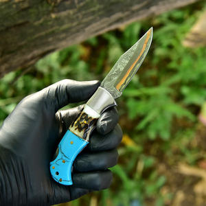 Damascus Steel Twist Industrial Grade Folding Hunting Knife Resin Handle <b>Drop</b> Point Straight Edge 58HRC Outdoor Camping ODM/OEM - Product Image 2