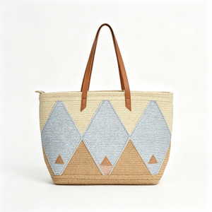 Customized Diamond patchwork woven tote <b>bag</b>,geometric straw shoulder shopper,multi‑tone woven <b>basket</b> tote with faux‑leather - Product Image 5