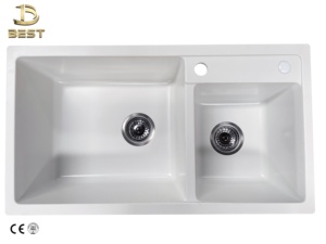 Évier de cuisine double en quartz noir de fabrication vietnamienne, épaisseur 10 mm, à encastrer, personnalisé, avec égouttoir et robinet, style moderne - Product Image 2