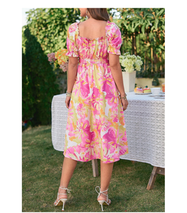 Robe d'été pour femme, imprimé floral uni, longueur genou, en polycoton, fluide, légère, écologique, confortable, décontractée, pour sorties et fêtes - Product Image 2
