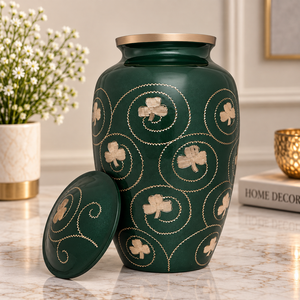 Urne funéraire en métal Clover Swirl avec motif floral médaillon, finition vert forêt et or, vase commémoratif décoratif avec couvercle - Product Image 1