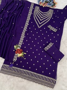 Purple Embroidered Cotton Salwar <b>Suit</b> With Dupatta Traditional Indian Pakistani Wear Ankle-Length Regular Fit Women's Casual - Product Image 2