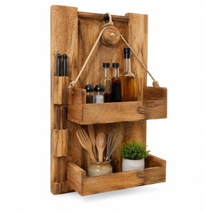 Support à bouteilles à plusieurs niveaux en bois de manguier fait main avec poulie - Rangement de cuisine en gros - Product Image 1