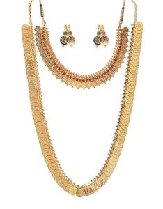 Conjunto de Collar y Pendientes de Monedas de Aleación de Cobre Chapado en Oro Indio con Circones, Joyería Tradicional Étnica para Mujer, Diseño Floral para Bodas - Product Image 1