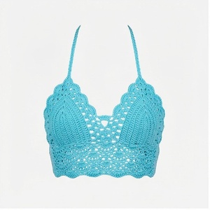 Women's Handmade Crocheted <b>Bikini</b> Top Deep V Neck Hollow Out <b>Blue</b> Cotton Swimwear - Product Image 1