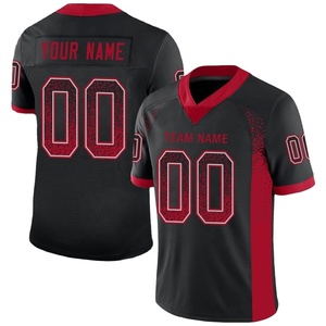 Custom Black Red American Football Jersey V-Neck Short Sleeve Mesh Breathable 100% Polyester Sublimated Print Team <b>Name</b> Number - Product Image 1