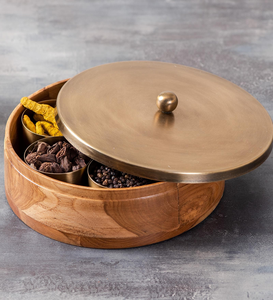 Boîte à épices en bois de manguier avec couvercle en laiton, artisanale, Masala Dabba, organisateur de rangement pour épices de cuisine, récipient traditionnel pour assaisonnements - Product Image 6
