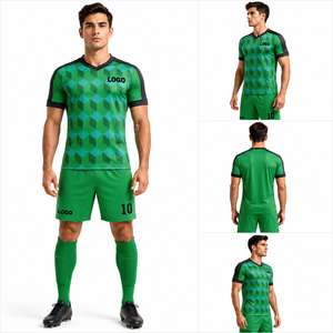 Ensemble maillot et short de football à motif géométrique vert, imprimé par sublimation, en polyester anti-humidité, col en V, manches courtes, pour homme, athlétique - Product Image 4