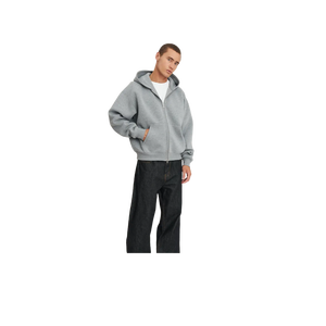 Men's Oversized Hooded Zip-Up Sweatshirt Solid Color Casual Autumn Wear Gray Cotton Fleece Knitted Regular Fit - Product Image 1