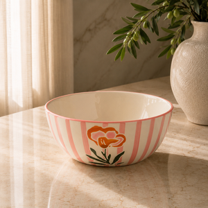 Handmade Ceramic Bowl <b>Pink</b> Striped Floral Design Color Enamel Finish for Salad Serving Home Decor - Product Image 1