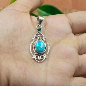 Pendentif fait main en argent sterling 925 avec turquoise naturelle et onyx vert |   Pendentif en argent filigrané vintage, vente en gros de bijoux - Product Image 4