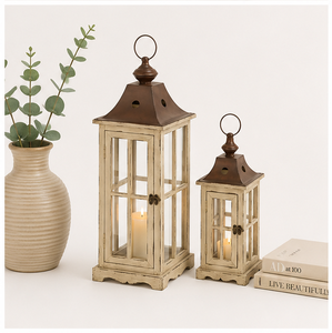 Farmhouse Wood and Metal Candle <b>Lantern</b> <b>Set</b> of 2 Distressed White Decorative <b>Lantern</b> with Glass Panels for Indoor Outdoor Home - Product Image 5