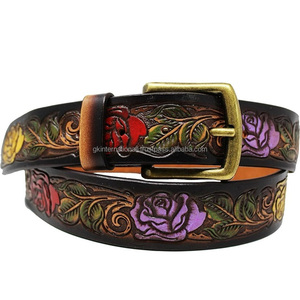 Customized Rodeo Multicolor Rose Embossed Hand Carved Brown Western Leather <b>Tooling</b> <b>Belt</b> for Men & Women with Solid Brass Buckle - Product Image 2