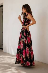 Women's Floral Print Knee-Length Halter <b>Elastic</b> Waist Bohemian Loose Chiffon Rayon Summer Casual Breathable Eco-Friendly Pockets - Product Image 2