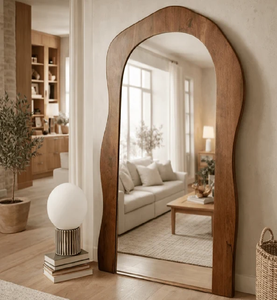 Multi-functional full length mirror integrated with a wooden side <b>shelving</b> storage rack, available at wholesale prices. - Product Image 4