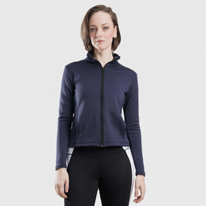 Women's Navy Full Sleeve Stand Neck <b>Zipper</b> Front Yoga <b>Top</b> Solid Color Ribbed Breathable Active Sportswear - Product Image 1