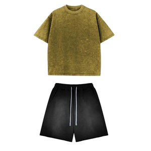 Ensemble de shorts et t-shirts personnalisés pour hommes en coton 100% délavé à l'acide, 2 pièces, imprimés sérigraphiés, effet soleil délavé, best-sellers - Product Image 2