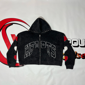 Hoodie zippé en coton French Terry pour homme, entièrement personnalisé, broderie, coupe ample, effet délavé, style streetwear, strass. - Product Image 1