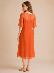 Vestido Midi Naranja Dulce con Estampado Digital Tejido Natural para Mujer, Manga Media, Verano, Casual, Servicio OEM - Product Image 2