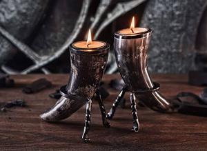 Ensemble de quatre cornes à boire en buffle naturel avec support en bois, style ancien, pour vin, camping, mariage - Product Image 3