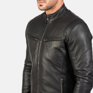 Veste moto en cuir véritable noir pour homme, col montant, fermeture éclair, coupe ajustée, pour l'automne - Product Image 4