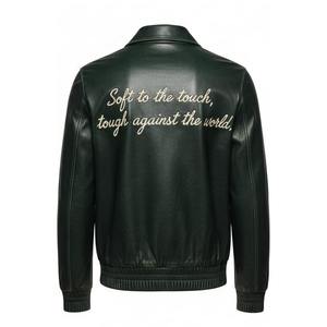 Chaqueta Bomber de Cuero Genuino para Hombre, Verde Oscuro, con Cierre, Cuello Alto, Corte Regular, Estilo Casual de Invierno - Product Image 2