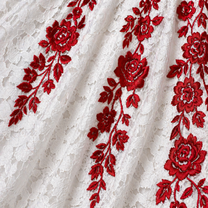 Elegant White Embroidered Ball Gown with <b>Red</b> Floral Detailing Off Shoulder Long Sleeve Princess Wedding Dress Luxury Lace - Product Image 4
