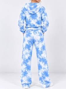 Ensemble de survêtement bleu et blanc tie-dye avec sweat à capuche zippé et pantalon de jogging, tenue décontractée de sport et de détente, service OEM - Product Image 3