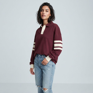 Women's Loose Fit <b>Polo</b> Shirt Casual Long Sleeve 100% Cotton Polyester Drop Shoulder <b>Polo</b> Tee Turn Down Button Collar <b>Polo</b> Tshirt - Product Image 2