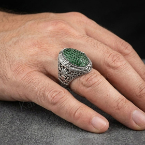 Men's 925 Sterling <b>Silver</b> Signet Ring With Green Cubic Zirconia Pave Diamond Setting Oval Vintage Style Everyday Wear For Boys - Product Image 4