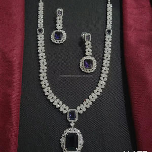 Simple Designs American Diamond <b>Silver</b> Plated <b>Long</b> Studded Necklace With Matching <b>Earring</b> Jewellery Set for Wedding Wear Women - Product Image 1