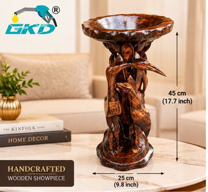 Bain d'oiseaux en bois sculpté artisanal GKD, 45 cm, finition naturelle, autoportant, décoration traditionnelle pour la maison, ornement de jardin - Product Image 1