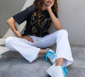 Women's Black Floral Embroidery <b>Y2K</b> Eco-Friendly T-<b>Shirt</b> Short Sleeve Collarless Regular Fit Casual Spring Summer 100% Cotton - Product Image 3