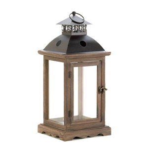 Farmhouse Wood Lantern Home Decor Wood Finish Wooden <b>Hurricane</b> Lantern with Galvanized Metal Top for Indoor Outdoor Use - Product Image 4
