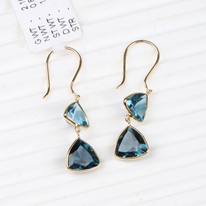 Pendientes Colgantes de Oro Amarillo Sólido de 18K con Topacio Azul de Londres Natural, Engastados en Bisel, Joyería Fina, Memoria Jewels, Venta al por Mayor - Product Image 3