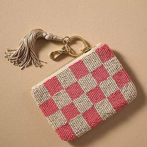 Monedero personalizable rosa a cuadros con cuentas, borla, llavero, bolsa con cremallera, tarjetero, estuche pequeño con cuentas de vidrio - Product Image 1