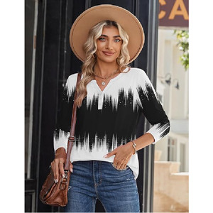 Blusa de Mujer con Cuello en V, Estampado Degradado, Manga Tres Cuartos, Corte Holgado Informal, Top de Primavera/Verano, Tejido Popelina Transpirable - Product Image 1