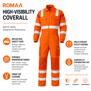 Orange Silver Reflective Spandex Hi Visibility Industrial Work Coverall Heavy Duty <b>Overall</b> Storm Flap Cargo Pockets Reinforced - Product Image 2