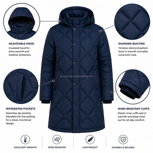 Manteau long matelassé noir pour homme, veste d'hiver, vêtement d'extérieur chaud, coupe-vent, imperméable, parka, production sur mesure en gros - Product Image 6