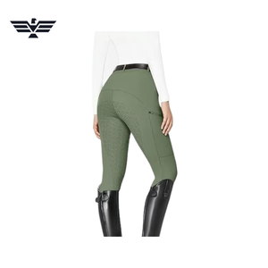 Pantalon d'équitation taille haute pour femme, longueur intégrale, vert olive uni, en Spandex et Polyester, respirant, taille élastique, avec poches - Product Image 3