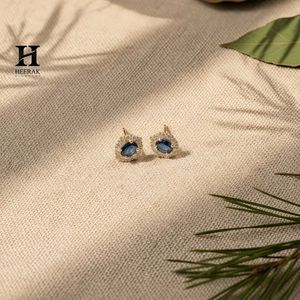Oval Blue Sapphire Halo <b>Stud</b> <b>Earrings</b> – 14k Gold with Certified Diamonds – <b>Fine</b> Jewelry Manufacturer by Heerak Diamonds - Product Image 2