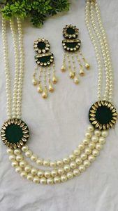 handmade dark green fabric kundan <b>pearl</b> layered <b>necklace</b> <b>set</b> with matching dangle earrings traditional wedding festive jewellery - Product Image 1