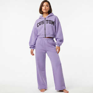 Women Cropped <b>Zip</b> Hoodie Sweatpants Set Custom Puff Printing Oversized Two Piece Tracksuit Casual Streetwear Manufacturer - Product Image 1