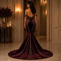 Robe de soirée longue asymétrique sans manches en velours bordeaux brodé, col en V, avec soutien-gorge intégré, style moderne et luxueux pour l'hiver