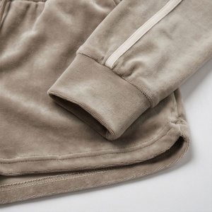 Women's <b>Velvet</b> Hooded 2 Piece <b>Shorts</b> Set Full Sleeve Zipper Pocket Casual Loose Fit Above Knee Solid Color Breathable Home Wear - Product Image 6